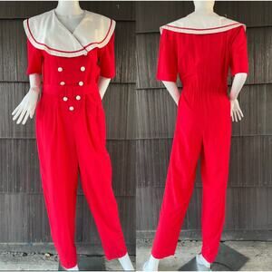 🔥VTG 80s Avon Fashion Sailor Jumpsuit Double Breasted Tapered Leg Red White S/M